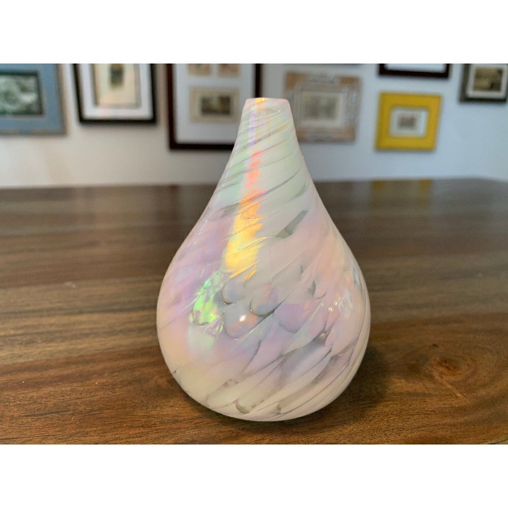 Glass Vase Signed Jan Benda Teadrop Shaped Iridescent White Swirls Single Flower